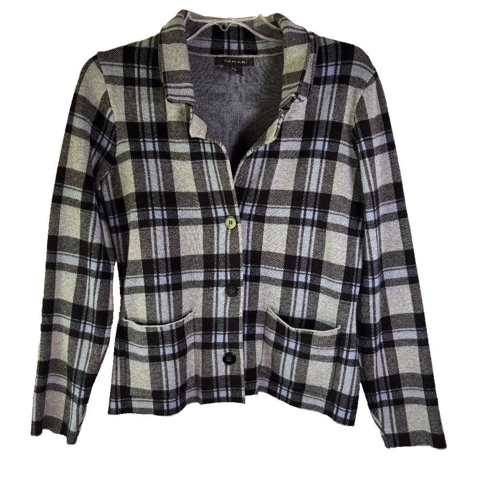 Tahari Jacket Short Plaid Black & Grey ButtonUp Pockets Gorpcore Minimalist Sz M
